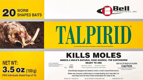Mole Busting Bait With 20 Worm Baits, Bromethalin 0.025 Percent Active Ingredient, Earthworm Mimic That Attracts Moles, packaging.