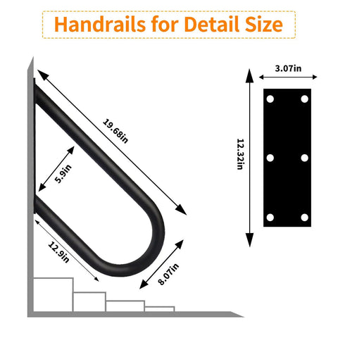 Rugged 20 Inch Wall Mount Hand Rail For Outdoor Steps Non Slip U Shape Stair Railing For 1 To 3 Steps dimensions guide