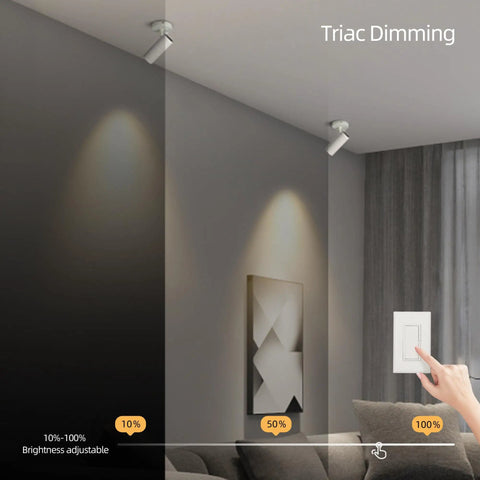 LED Dimmable Ceiling Spotlight Gallery Style Indoor Accent Picture Light Hardwired Surface Mount Adjustable Directional Beam With Replaceable GU10 Bulb 7W 3000K For Living Room Hallway Corridor White showing triac dimming adjustment.