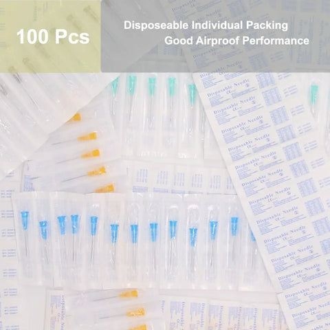 18 Gauge 1 Inch Luer Lock Needles 100 Pack Industrial Pro Grade Stainless Steel Individually Wrapped For Precise Fluid Transfer And Injection Tasks For Medical Use shown in individual packaging.
