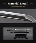Close-up of Wakizashi Iaito Training Sword With Unsharpened Stainless Steel Blade, showing bo hi fuller groove detail.