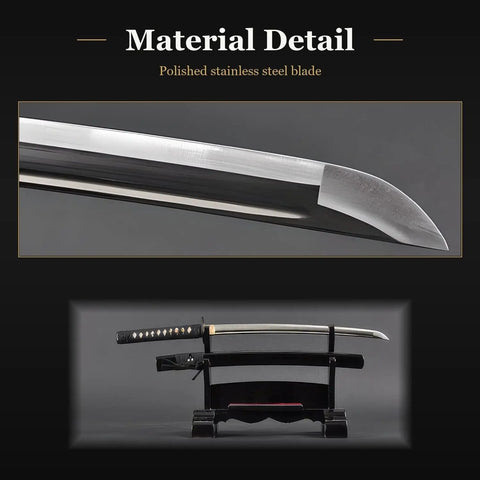 Close-up of Wakizashi Iaito Training Sword With Unsharpened Stainless Steel Blade, showing bo hi fuller groove detail.