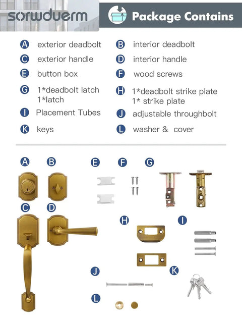 Package contents of Antique Brass Front Door Handle And Deadbolt Set With Reversible Lever Handleset Dope Security Lock And Key