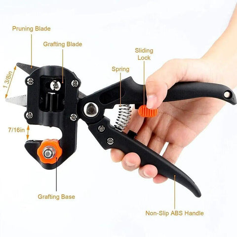 Pro Grade 2-In-1 Grafting And Pruning Tool With Replaceable Omega Cut V Cut And U Cut Blades SK5 Steel Durable ABS Handle In Black And Orange Heavy-Duty Pruner For Precise Grafts And Efficient Garden Pruning. black grafting and pruning tool with spring, sliding lock, and ABS handle, shown in hand