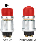 Waterproof Push Button Starter Switch 12V 24V 50A For Cars Boats Trucks And Tractors Engines With Neoprene Cover Momentary SPST Off To On Red Finish Built Tough Heavy Duty showing push on and off positions.