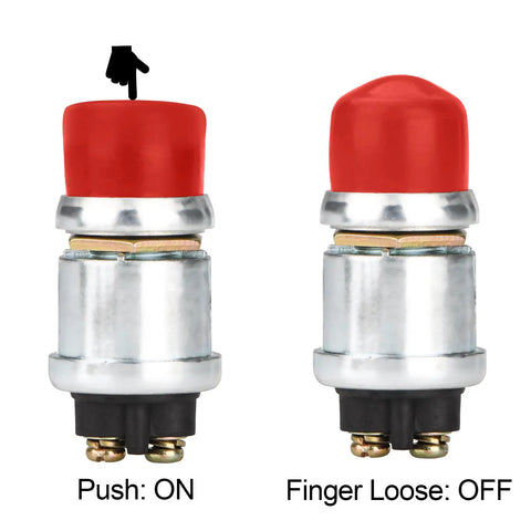 Waterproof Push Button Starter Switch 12V 24V 50A For Cars Boats Trucks And Tractors Engines With Neoprene Cover Momentary SPST Off To On Red Finish Built Tough Heavy Duty showing push on and off positions.