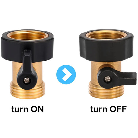 2 Pack Brass Hose Shut Off Valves Three Quarter Inch, Heavy Duty Water Stop For Garden Hoses, Sprayers And Nozzles, Easy Install, Leak Free, Durable, Fits All Standard Hoses, turn on and off view