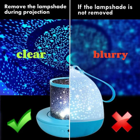 Comparison of clear vs blurry projection from Epic Kids Star Projector Night Light With Three Color LED Bulbs And Six Modes