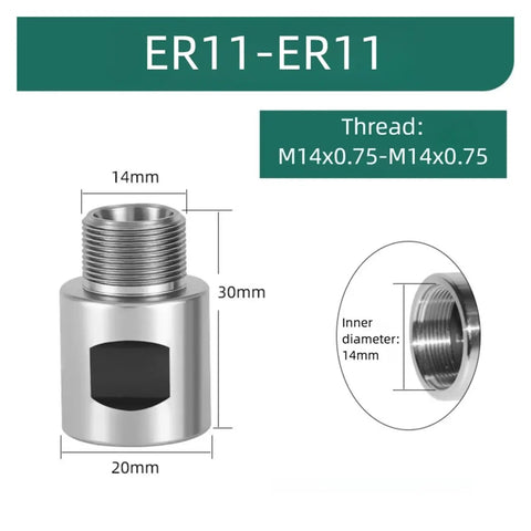 Precision CNC Thread Adapter Collet Chuck Built From Hardened Alloy Steel, ER11 thread specifications, dimensions shown.