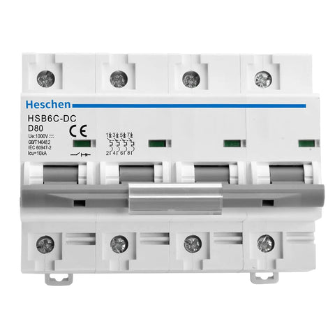 Front view of DC 4 Pole Photovoltaic Miniature Circuit Breaker 80A 1000V DC Type D, 8kA Breaking Capacity, 35mm DIN Rail Mount
