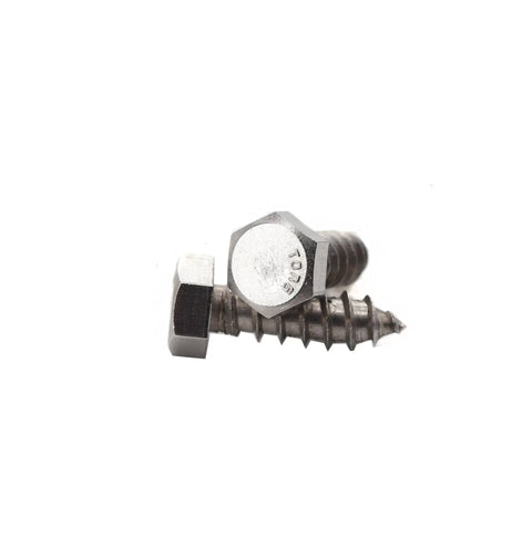 Twenty Pack 3/8 In. X 1-1/4 In. Hex Lag Screws Crafted From Grade 304 Stainless Steel showing hex head and sharp threads.