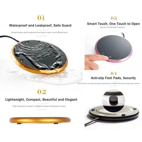 Electric Mug Warmer With Adjustable Temperature And Smart Touch Control, Auto Shut Off Timer Keeps That Morning Brew Piping Hot, Premium Silver Aluminum Alloy Desk Cup Heater For Work Or Chill shown with waterproof design and anti-slip base.