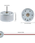 R300C Mini Electric Motor Kit showing dimensions, ideal for 3D printer projects and USB fan builds, 3V DC 0.03A, 3700 RPM.