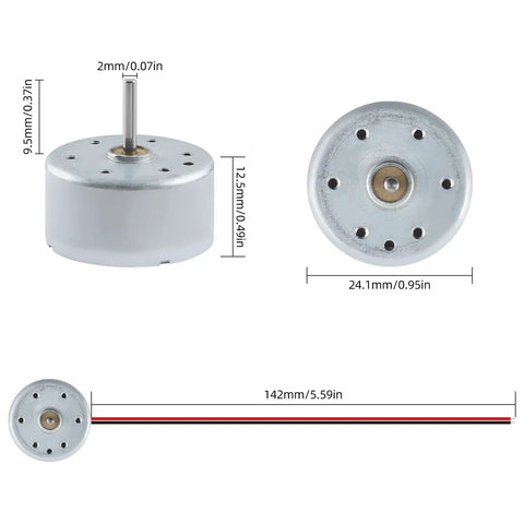 R300C Mini Electric Motor Kit showing dimensions, ideal for 3D printer projects and USB fan builds, 3V DC 0.03A, 3700 RPM.