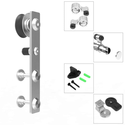 16 Feet Sliding Barn Door Hardware Kit Heavy Duty Stainless Steel Track Brushed Nickel For Double Wood Doors components shown