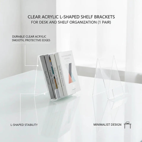 Crystal Clear L Shaped Bookends For Desk And Shelf Organization supporting books on a white glass surface