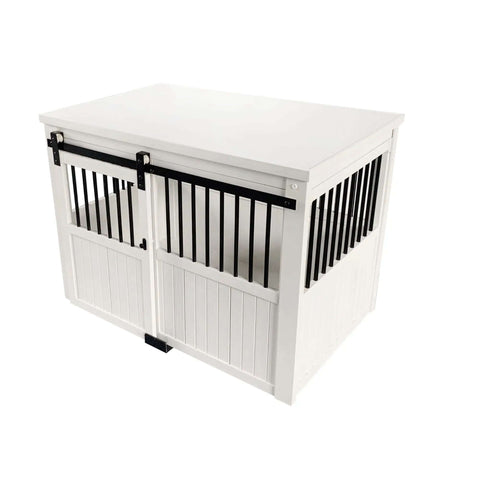 EcoFlex Homestead Sliding Barn Door Dog Crate In Antique White Large with durable furniture style and moisture resistant material