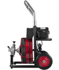 Heavy Duty Electric Sewer Auger And Drain Cleaner Machine featuring side view with 100 Ft steel cable, 550W motor, and wheels.