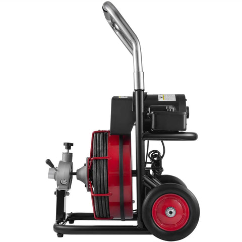 Heavy Duty Electric Sewer Auger And Drain Cleaner Machine featuring side view with 100 Ft steel cable, 550W motor, and wheels.