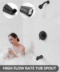 Tub/shower faucet set, matte black, front view with single-handle valve, shower head, and tub spout
