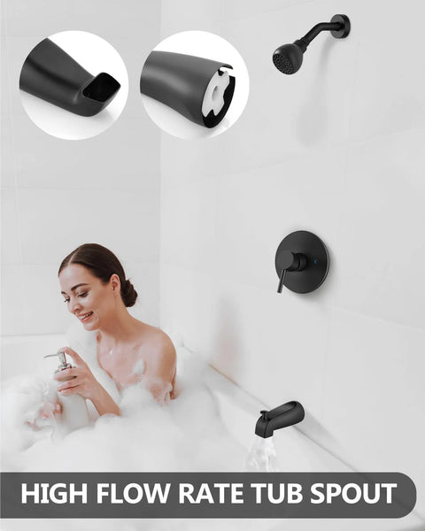 Tub/shower faucet set, matte black, front view with single-handle valve, shower head, and tub spout