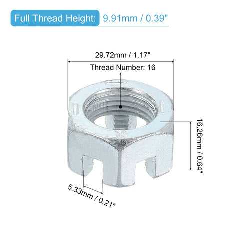 Beefed-Up Heavy Duty 3/4-16 UNF Hex Slotted Nut Grade 6.8 Zinc Plated Carbon Steel For Machinery Repair, Durable Silver Hardware, 1.17 Inch Across Flats, 16 Threads, Slotted Locking Nut, 2 Pack; shown with dimensions