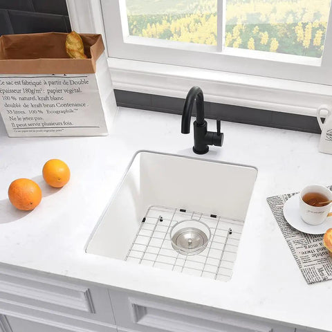 Undermount White Bar Sink 15x17 Deep Single Bowl For Wet Bar And RV Kitchen, Quartz Composite, Built Tough Hygienic Non Porous Surface