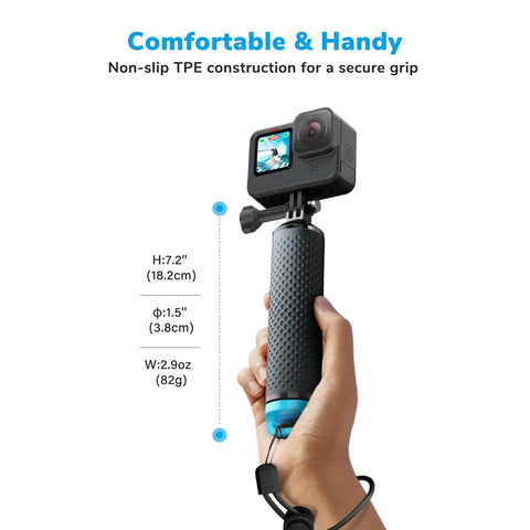 Hand holding Floating GoPro Hand Grip Accessory Floaty Stick Waterproof Handle for GoPro Hero with bright blue cap for easy retrieval