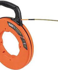 Non-Conductive Fiberglass Fish Tape 100 Ft 3/16 In Steel Leader Wire Puller shown with ergonomic handle and orange housing.