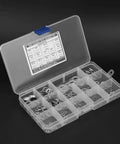 Go To Pro Grade 260 Piece Stainless Steel Spring Lock Washers Kit With Anti Rust Gaskets And Retaining Rings Assortment In An Organized Box For DIY Projects Automotive Machinery And Home Repairs, shown in a clear compartment box.