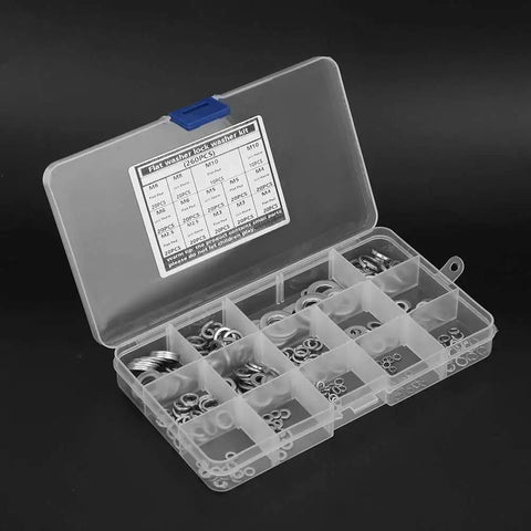 Go To Pro Grade 260 Piece Stainless Steel Spring Lock Washers Kit With Anti Rust Gaskets And Retaining Rings Assortment In An Organized Box For DIY Projects Automotive Machinery And Home Repairs, shown in a clear compartment box.