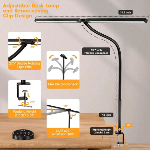 LED Desk Lamp For Office And Home With Clamp And Dual Monitor Support Eye Care Architect Light showing dimensions and flexibility