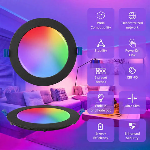 Xsky Smart Recessed Lighting 6 inch 4 Pack, Black Trim, RGBW Dimmable downlight showcasing colorful light effects and modern design.