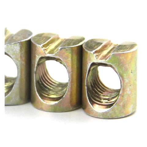 Beefy Carbon Steel Slotted Barrel Nuts M6x12mm and M8x15mm for Furniture Assembly close-up view showing threads and slot