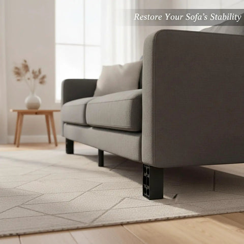 Sturdy Black Plastic Sofa Feet With Screws Replacement Legs elevate a grey couch for easy floor cleaning and clear sweeping access.