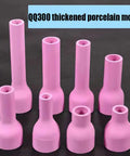 Premium Alumina Ceramic Argon TIG Welding Torch Nozzles For QQ150 QQ350 QQ500 Pack Of 10 in pink color, showing different sizes and shapes.