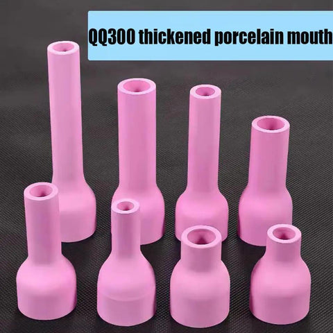 Premium Alumina Ceramic Argon TIG Welding Torch Nozzles For QQ150 QQ350 QQ500 Pack Of 10 in pink color, showing different sizes and shapes.