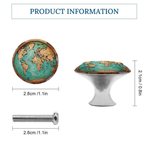 2 Pack Stainless Steel Cabinet Knobs With Screws For Kitchen Cabinets And Drawers Rust Resistant Durable Metal Drawer Pulls With Easy Install Modern Furniture Hardware, 1.1 in, world map print