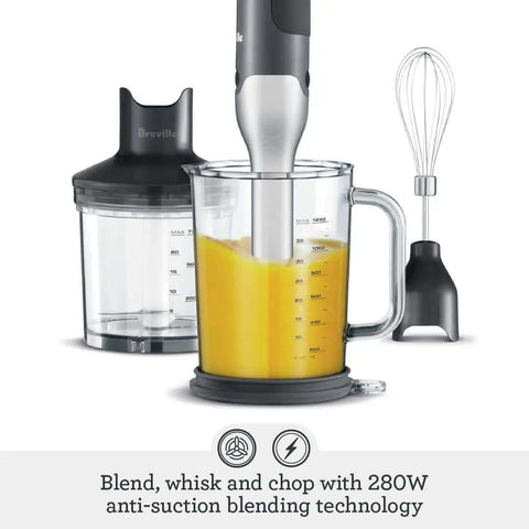 Level Up Your Kitchen Routine With The Control Grip Immersion Blender Anti Suction TechStops Splatters While You Blend Includes 42 Oz Jug Plus Whisk For Silky Smooth Soups And Creamy Mixes With Comfortable Trigger Handle In Brushed Stainless Steel with blending jug and whisk.