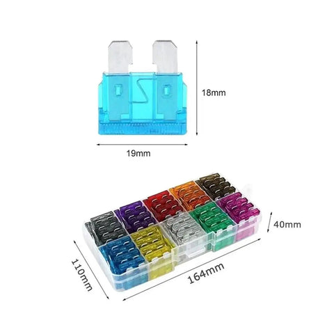 Automotive Fuse Assortment Kit With Box 200 Or 400 Piece Set For Quick Car Electrical Repairs, showing dimensions and layout