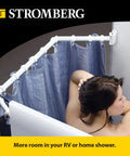 Woman using Extend A Shower Space For 35 To 42 Inch Open Showers Universal Fit That Can Be Trimmed To Size with curtain, RV bathroom