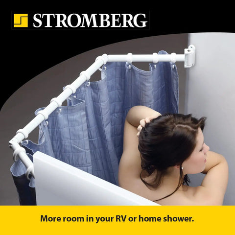Woman using Extend A Shower Space For 35 To 42 Inch Open Showers Universal Fit That Can Be Trimmed To Size with curtain, RV bathroom