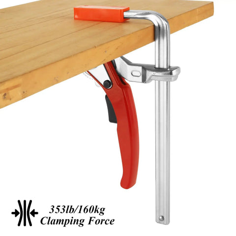 Two Pack Ratcheting Table Clamps With Quick Bar For Easy Grip, 0 To 6 Inch Clamping Range, Beefy Heavy Duty F Clamp For MFT Tables And Guide Rail Systems, 353 Lb Grip, Alloy Steel Track Saw Clamp Set securing wooden board