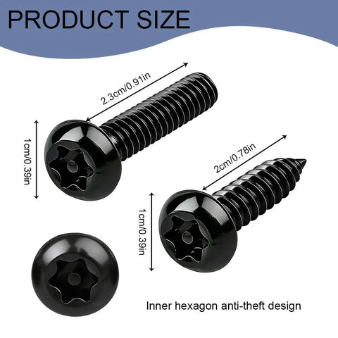 Heavy Duty Anti Theft License Plate Screws Kit Featuring Hella Tight Rustproof Stainless Steel Bolts And Tamper Proof M6 Fastener Caps Cover For Front Rear Truck Car Frame Mounting Hardware size dimensions shown with inner hexagon anti-theft design.