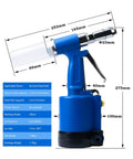 Pro Grade Pneumatic Pop Rivet Gun Kit With Quick Change Nosepieces For Aluminum Iron And Stainless Rivets 3/32 1/8 5/32 3/16 Inch 18mm Stroke displayed with dimensions and features.