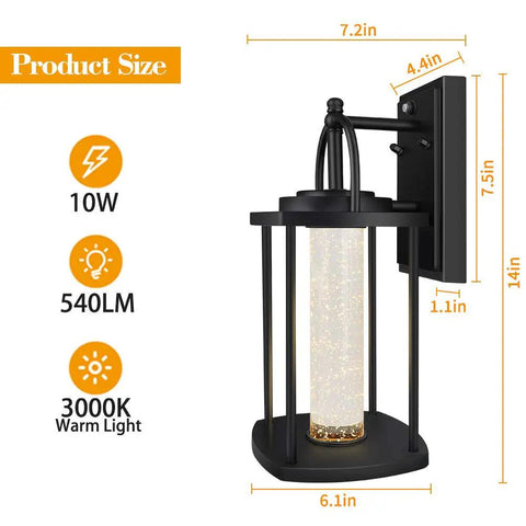 Dusk To Dawn Outdoor Light With Crystal Glass Drops, LED Porch Sconce In Matte Black, IP65 Waterproof Wall Mount, product dimensions