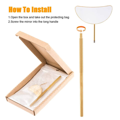 Half Moon Lash Mirror For Eyelash Extensions Large Viewing Window High Definition Clarity Easy To Use Tool For Precise Lashes Fits All Eye Shapes Remove Protective Film Before Use, gold metal handle in box