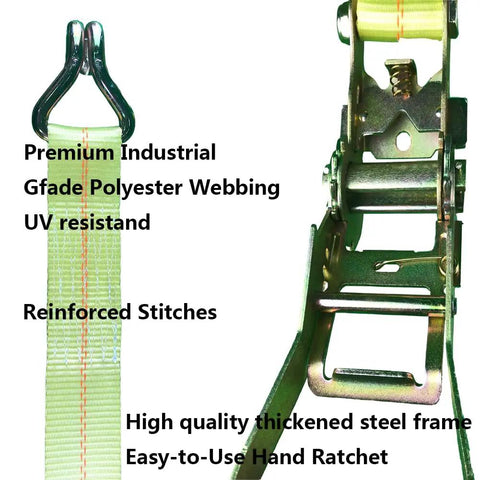 Heavy Duty Ratchet Straps 2 Inch By 17 Foot Rated For Up To 10000 Pounds featuring yellow GFade polyester webbing and steel frame.