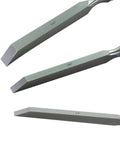Heavy Duty Mortise Chisel Set With Chrome Vanadium Steel Blades And Premium Hornbeam Handles For Professional Cabinetmaking And Precision Woodworking Includes 1/4 Inch 3/8 Inch And 1/2 Inch Tools, showing sharp blades in various sizes.