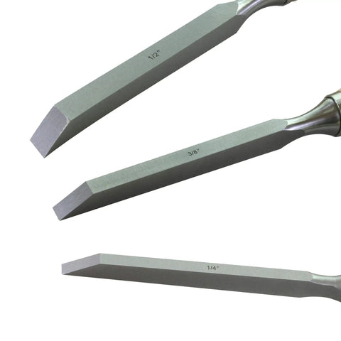 Heavy Duty Mortise Chisel Set With Chrome Vanadium Steel Blades And Premium Hornbeam Handles For Professional Cabinetmaking And Precision Woodworking Includes 1/4 Inch 3/8 Inch And 1/2 Inch Tools, showing sharp blades in various sizes.